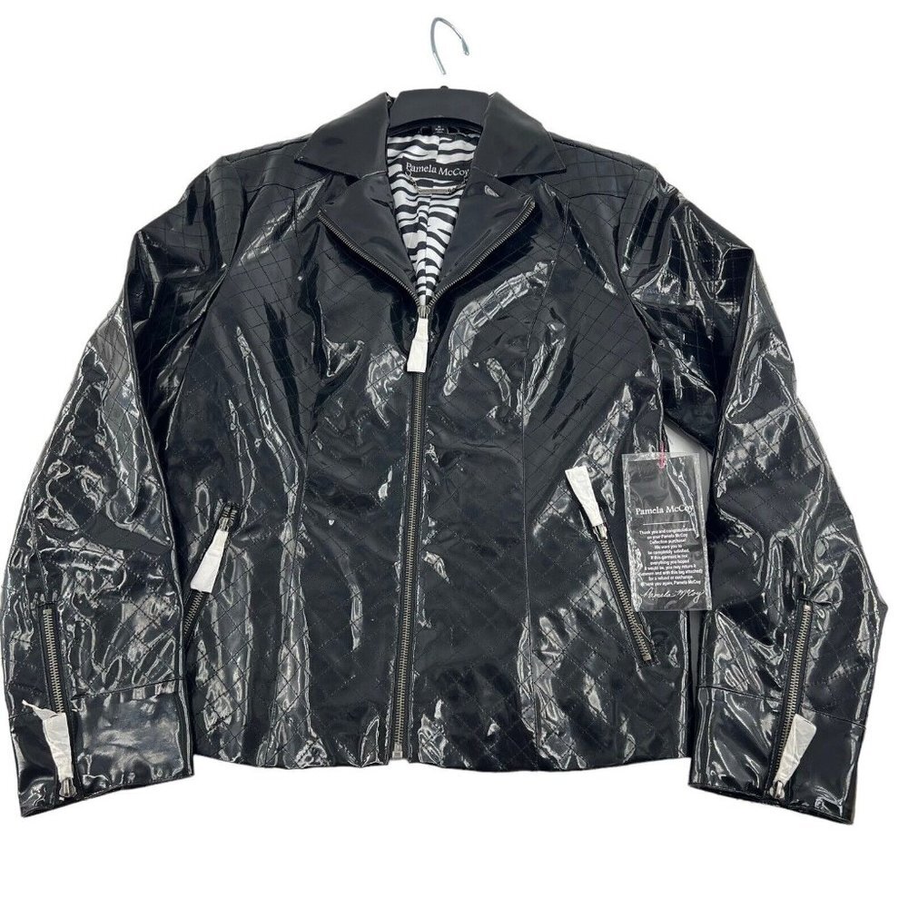 Pamela McCoy Women's Size Medium Vinyl Patent Leather Jacket Black New with tags